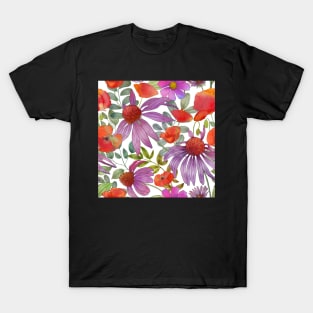 Colorful summer Dasy and Poppy flowers.Vibrant watercolor flowers print T-Shirt